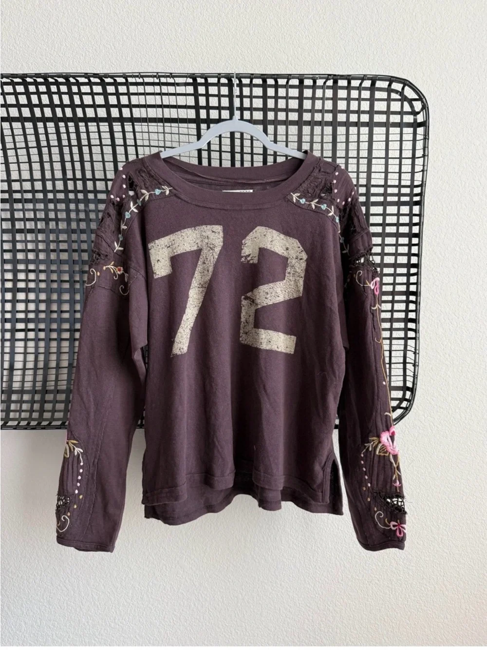 NWT Free People “we the free” Embroidered Brown Lilith Distressed '72' tee